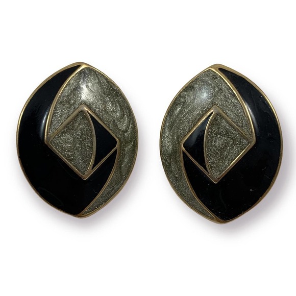 70's TRIFARI signed black and gold enamel geometric earrings - Picture 1 of 11